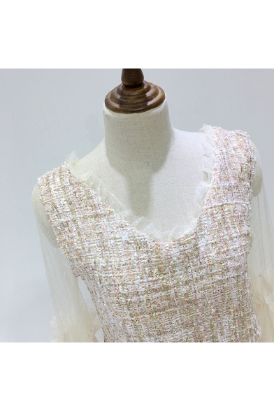 Elegant Tweed Plaids Pattern V-Neck Mesh Patchwork Blouson Sleeves Ruffle Skirt Co-ords