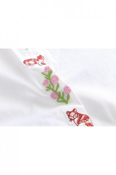 Fancy Cartoon Cat Floral Embroidered Lapel Long Sleeve Button Down Shirt