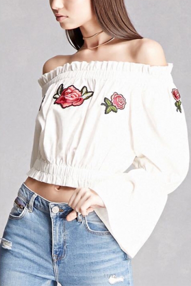 Fancy Floral Embroidered Off the Shoulder Bell Sleeves Elastic Waist Cropped Blouse