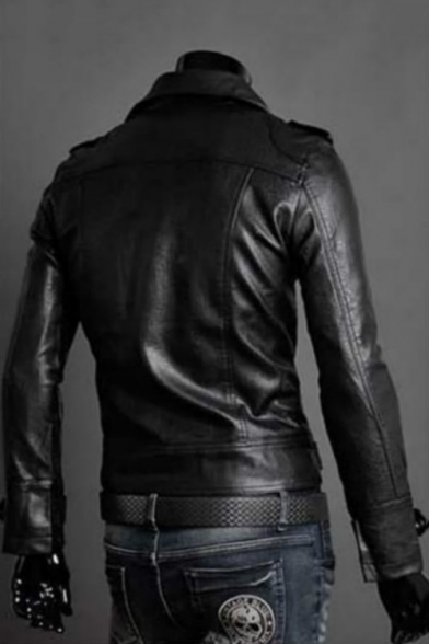Fashion Faux Leather Plain Notch Lapel Long Sleeve Zipper Biker Jacket
