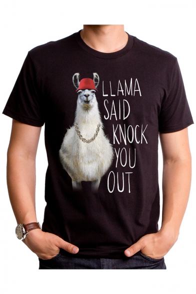 Funny Alpaca Llama Letter Printed Round Neck Short Sleeves Summer T-shirt