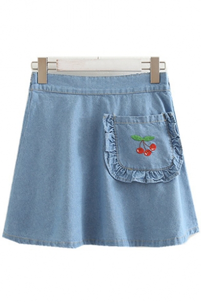 

Girly Cherry Embroidered Ruffle Pocket Elastic Waist Mini A-line Denim Skirt, Dark blue;light blue