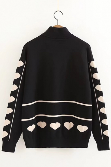 Heart Cartoon Boy Girl Print Long Sleeve Mock Neck Pullover Sweater