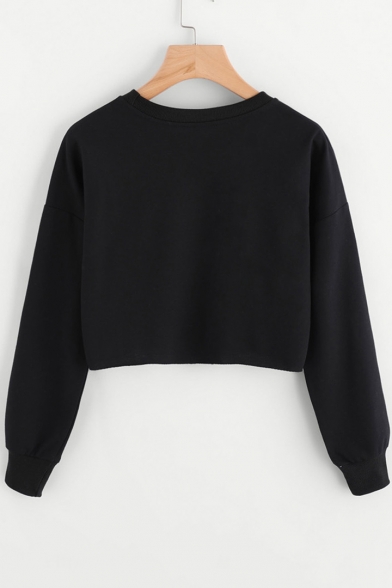 Leisure Letter Printed Round Neck Long Sleeves Pullover Cropped Sweatshirt