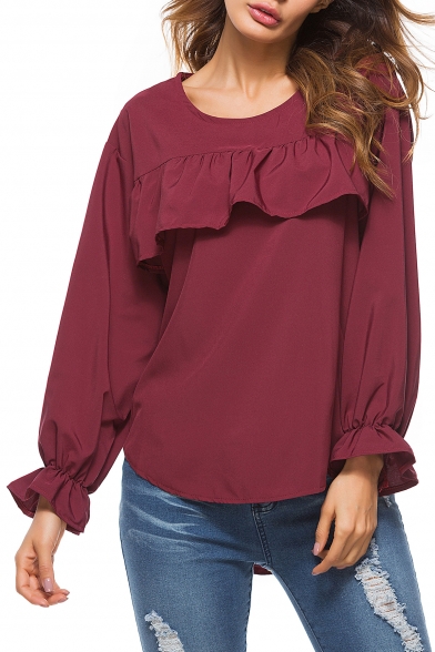 Leisure Ruffle Trimmed Round Neck Long Sleeves Loose Plain Pullover Blouse
