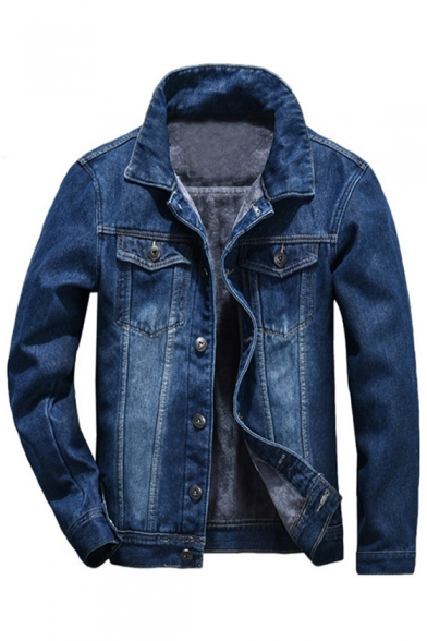 Men's Fashion Lapel Long Sleeves Button Down Denim Jacket with Chest Pockets