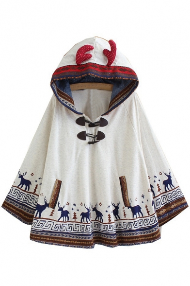 New Fashion Deer Pattern Double Button Pockets Hooded Cape with Horns