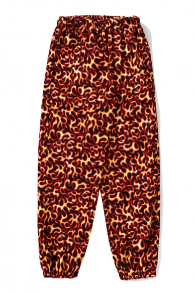 New Trendy Fire Print Elastic Waistband Loose Pants