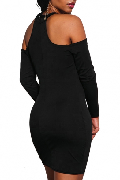 Spring Fashion Plain Halter Neck Cold Shoulder Zip-Back Bodycon Mini Dress