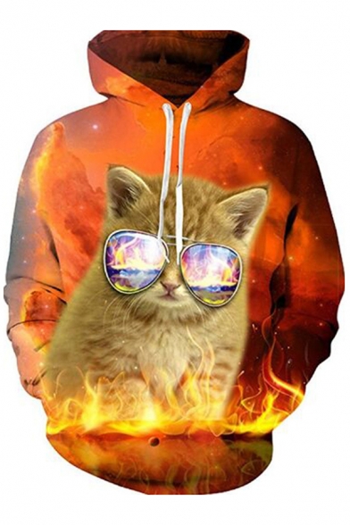 Stylish Cat Sunglasses Flame Fire Pattern Long Sleeves Pullover Hoodie with Pocket