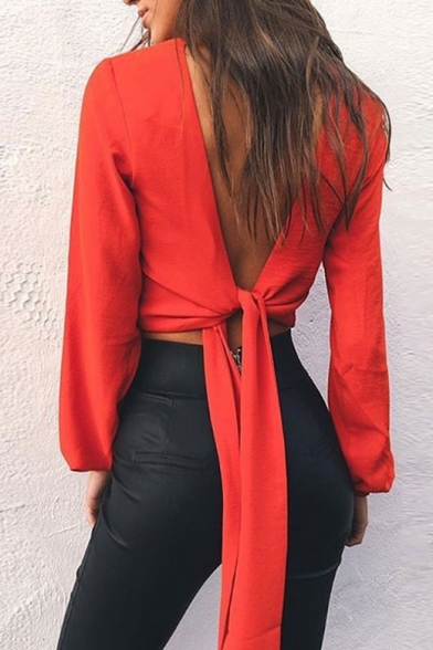 Stylish Cutout Hollow Bow Tie-Back Wrap Front Blouson Sleeves Plain Cropped Blouse