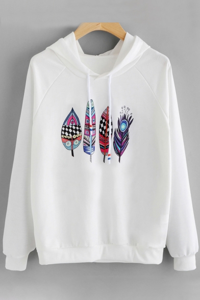 Stylish Feather Printed Long Sleeves Pullover Leisure Hoodie