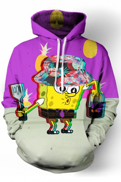 Stylish Cartoon Printed Color Block Long Sleeves Pullover Hoodie with Pocket