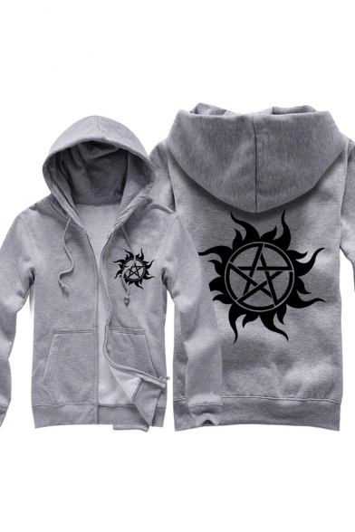 Stylish Tribal Sun Star Printed Long Sleeves Zippered Hooded Coat with Pockets