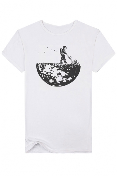Trendy Astronaut Planet Printed Round Neck Short Sleeves Casual Tee