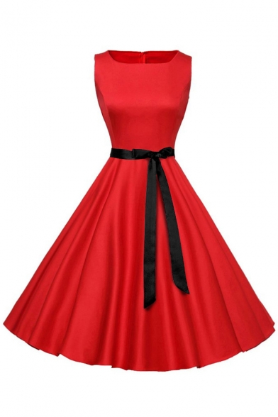 Reviews for Vintage Bow Belted Plain Square Neck Zip-Back Fit & Flare ...
