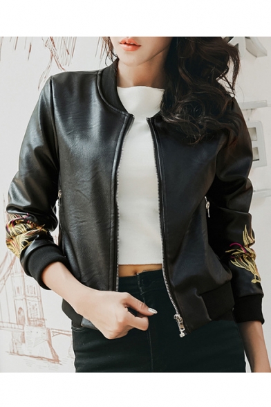 Women's Fashion Floral Embroidery Zippered Cropped Leather Jacket with Pockets