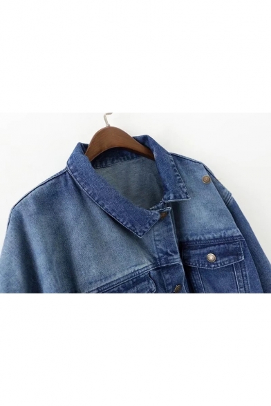 Basic Plain Lapel Single Breasted Long Sleeve Denim Jacket