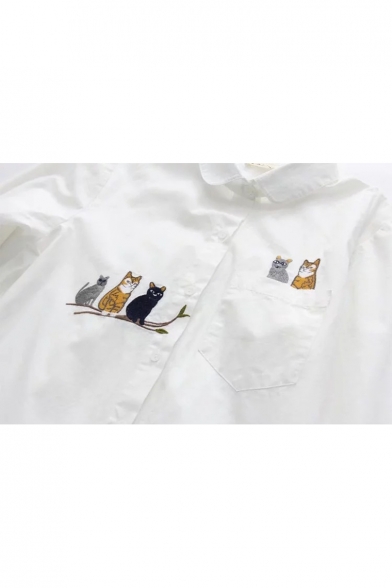 Cartoon Cat Branch Pattern Long Sleeve Lapel Single Breasted Tunic Shirt