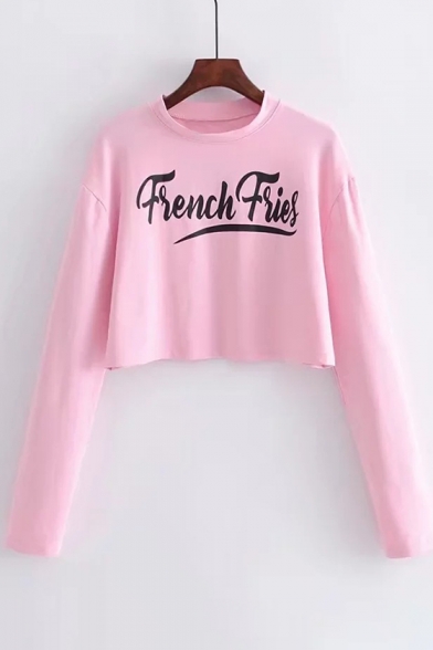 Casual Letter Pattern Round Neck Long Sleeves Loose Cropped Tee