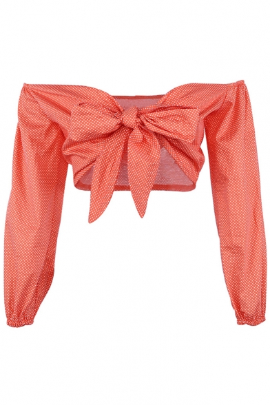 Casual Style Bow Tie Front Off the Shoulder Polka Dot Blouson Sleeves Cropped Blouse