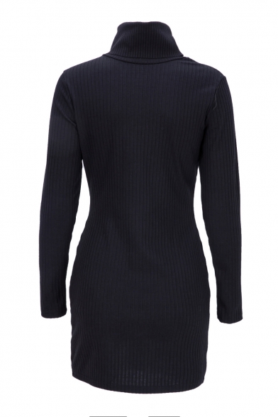 Chic High Neck Long Sleeves Slim-Fit Bodycon Ribbed Mini Winter Dress