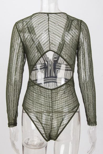 Chic Plunge Neck Long Sleeves Lace Panel Cutout Back Bodysuit