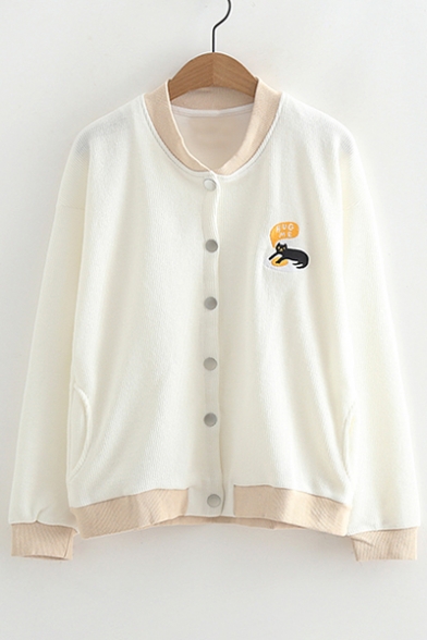 Embroidery Cartoon Cat Letter Print Long Sleeve Single Breasted Stand-Up Collar Jacket