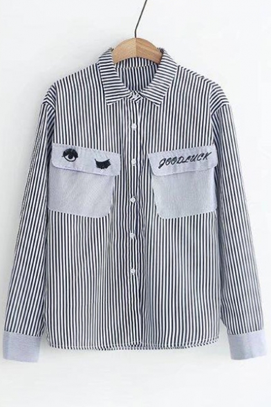 Embroidery Eye Letter Pattern Long Sleeve Lapel Single Breasted Striped Shirt