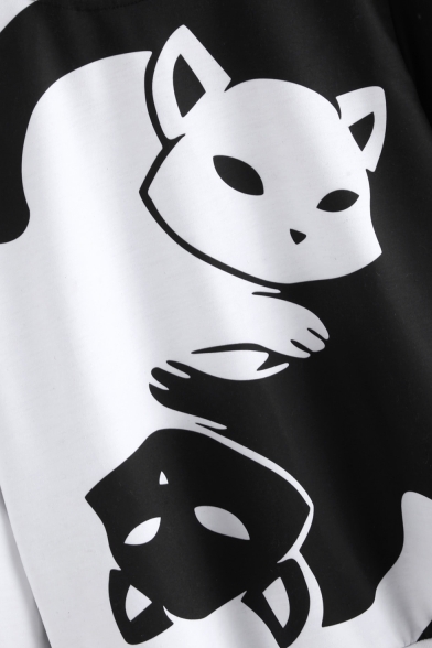Fancy Color Block Cartoon Cat Tai Chi Printed Long Sleeves Pullover Monochrome Sweatshirt