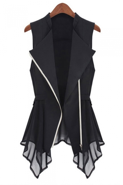 Fashionable Chiffon Insert Simple Plain Zipper Tunic Vest Coat