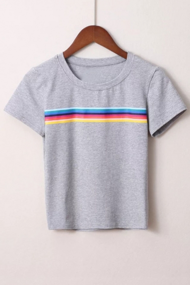 Fashionable Rainbow Pattern Round Neck Short Sleeves Summer T-shirt