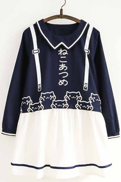 Girlish Cat Japanese Pattern Faux Straps Color Block Layered Mini Smock Dress