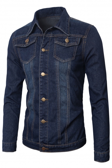 Men's Fashion Point Collar Button Down Slim-Fit Trendy Denim Jacket with Pockets