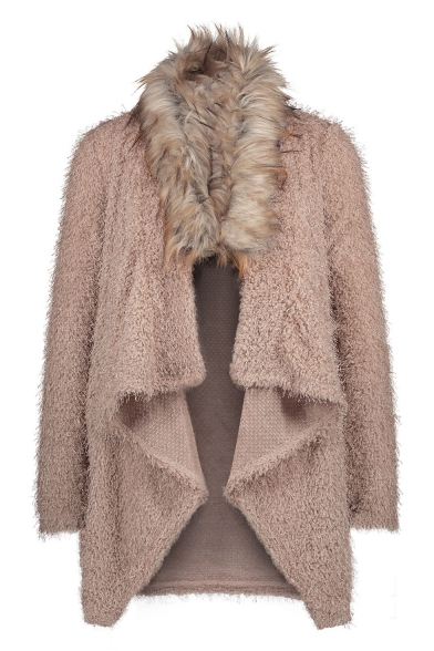 New Fashion Faux Fur Collar Long Sleeve Open Front Coat