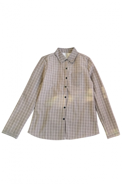 Retro Style Gingham Plaids Point Collar Long Sleeves Button Down Loose Shirt