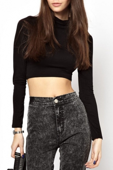 Simple Plain High Neck Long Sleeves Cropped Tee