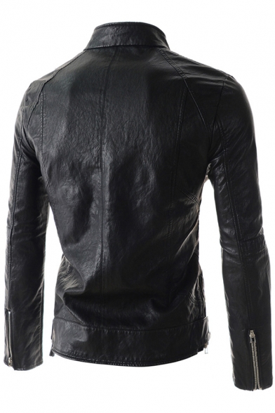 Simple Plain Long Sleeve Stand-Up Collar Faux Leather Jacket