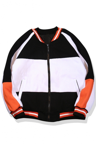 Sport Style Color Block Striped Long Sleeves Zippered Baseball Jacket with Pockets