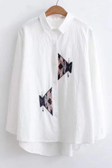 Stylish Geometric Embroidered Dipped Hem Long Sleeves Button Down Shirt