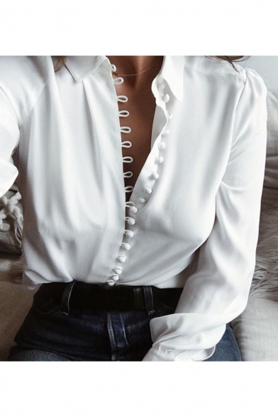 Stylish Plain Point Collar Long Sleeves Button Down Shirt
