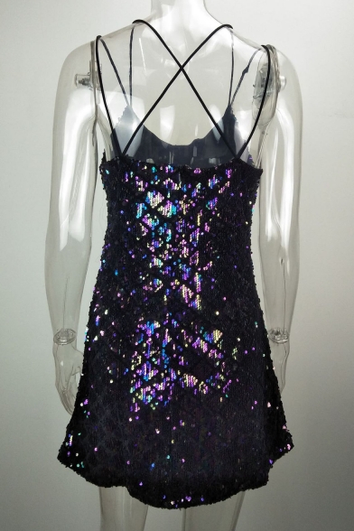 Summer Collection Diamond Plaids Spaghetti Straps Cross Back Sequined Cami Mini Dress