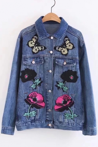 Butterfly Floral Embroidered Lapel Single Breasted Long Sleeve Denim Jacket