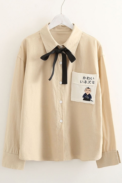 Cartoon Figure Japanese Print Pocket Bow Front Long Sleeve Lapel Shirt