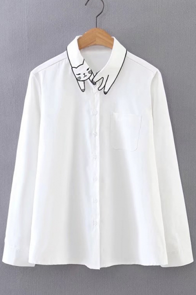 Cat Embroidered Detail Lapel Collar Single Breasted Long Sleeve Shirt with Pocket