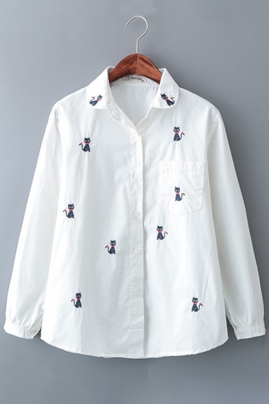 Chic Cat Cartoon Embroidered Long Sleeves Button Down Shirt