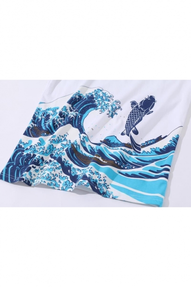 Chic Sea Ocean Wave Fish Printed Round Neck Short Sleeves Casual Tee