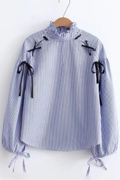 Chic Striped Pattern High Ruffle Neck Attached Lacing Bow Cuffs Long Sleeves Blouse