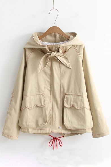 Childish Bow Tie Zippered Plain Hooded Long Sleeves Coat with Flap-Pockets