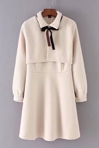 Elegant Layered Front Point Collar Bow Tie Long Sleeves Plain Zip-Back Mini A-line Dress